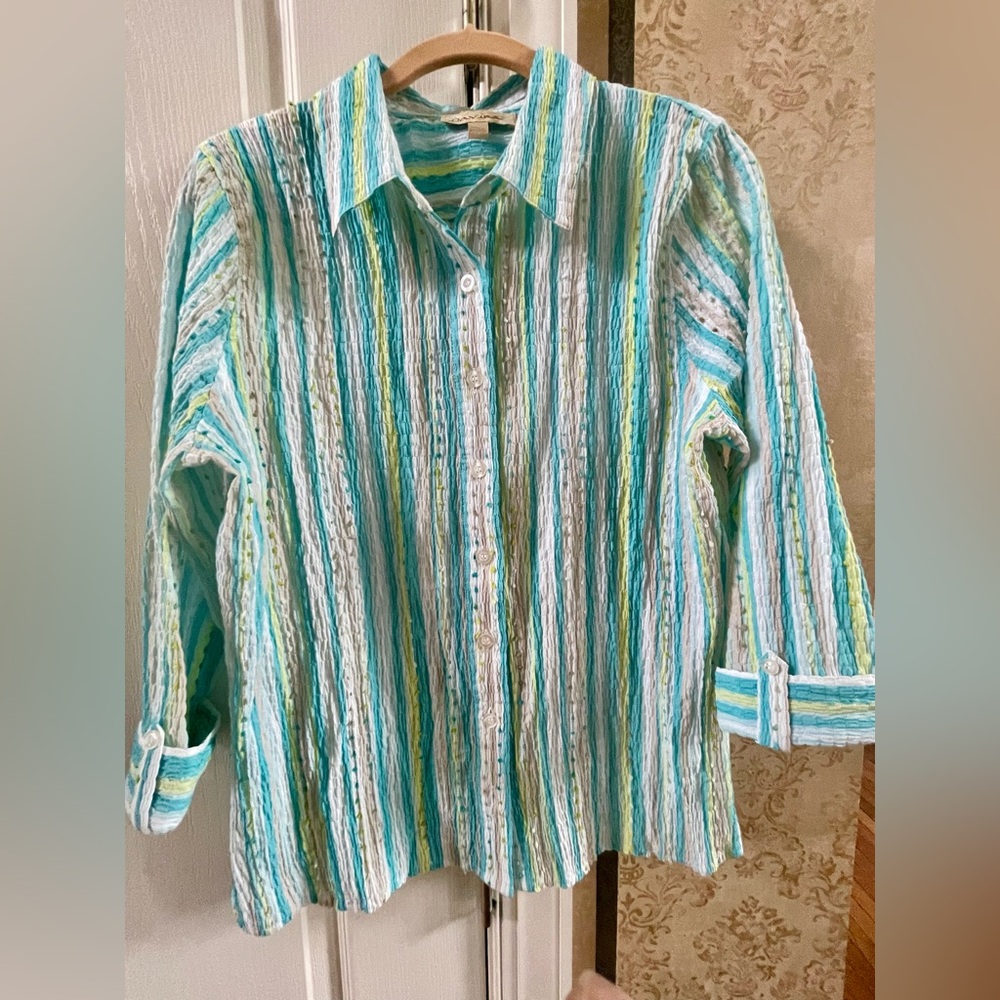 Davina Striped Textured Button-Down Shirt - Size L